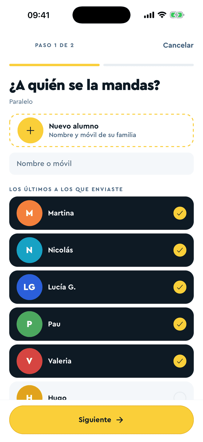 Selección de alumnos a los que enviar la insignia
